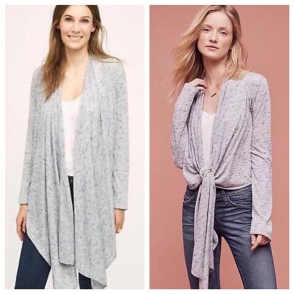 ANTHROPOLOGIE Cascadia Gray/Blue Marled Knit Cardigan Waterfall Front Sz S - Picture 3 of 12